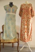 Two dresses, a 2006 BIBA reboot long summer dress in lightweight cotton with blue and green Moroccan