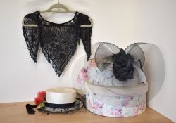 A collection of vintage ladies accessories, comprising a black circular mesh fascinator, a straw