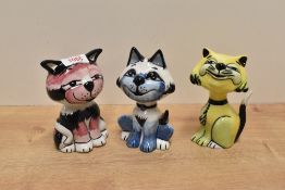 A group of three Lorna Bailey cat studies, decorated in pink, yellow and blue, painted signature