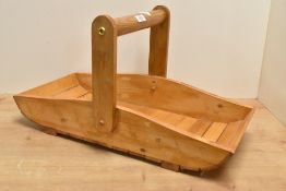 A decorative stained pine garden trug with over handle, 55cm x 26cm