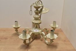 A heavy cast and painted brass Continental design five-branch electric pendant light fitting,