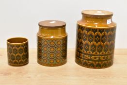 A vintage Hornsea Pottery Hairloom pattern lidded storage jar, named for biscuits 20cm sold together