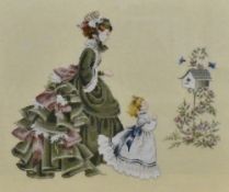 A needlepoint embroidered picture of a Victorian lady and child with bird house, within a stepped