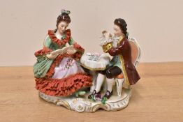 A 20th century Dresden porcelain figure group, 18th century figures seated, on a rocaile base,