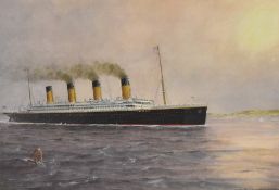 After A.L Hudson (Welsh 20th century) colour print 'RMS Titanic' within a titled and lined mount and