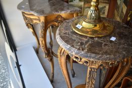 Two reproduction giltwood marble top tables
