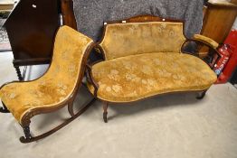 An Edwardian mahogany salon settee having line and foliate inlay decoration and similar rocking
