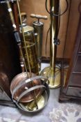 A selection of brass and copper ware including sprayers, extinguisher, jam pans and warming pan
