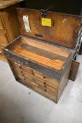 A vintage wooden tool or parts cabinet, having lift lid and drawers to front, approx. 46 x 42 x