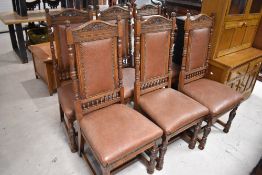 A set of six late 19th or early 20th Century oak and leather dining chairs