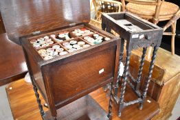 An early 20th Century oak sewing box , with contents including cotton reels, patterns etc , and a