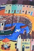 After Graham Round (British, Contemporary) colour print 'The Whaler', a vivid harbour scene,