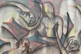 Artist unknown, pastel drawing, depicting four abstracted nude male figures, signed indistincly