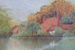 A 19th century English school oil on board, red brick mill and mill pond, unsigned, within a gilt
