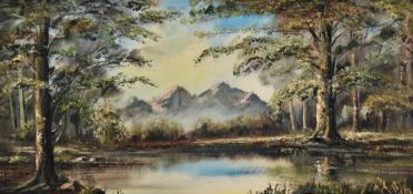 A decorative mid-late 20th century Alpine lake scene oil on canvas, signed Best lower left, within a