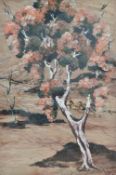Artist unknown, bark painting showing blossom tree in the foreground, dead tree in the background,