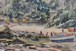 Artist unknown, watercolour, a 1930's/40's impressionist beach scene with boats and figures,