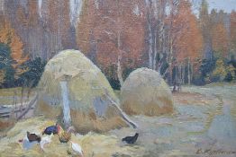 Vladimir Alexandrovich Kutilin (Russian b.1931) A 20th century Russian school oil on canvas 'Stacks'
