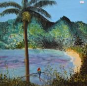 Sue Wearing (British Contemporary) acrylic on canvas 'Caribbean Escape', vibrant scene with palm
