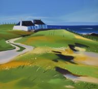 Pam Carter (Tanzanian 1952-2022) vibrant oil on canvas 'Cottage on the Green, Tiree' coastal scene