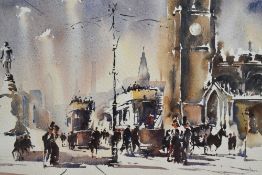 Trevor Lingard (British contemporary) watercolour, bustling cityscape of yesteryear, signed lower