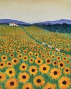 Evans (unknown) two modern acrylics on canvas, fields on sunflowers and poppies, each with sheep,