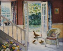 Stephen J Darbishire (British b.1940 ) oil on board 'Visitors' quaint interior scene with open