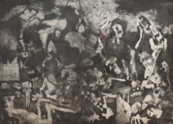 Artist unknown, naive monochrome etching, with distorted human figures, homes and cars on a black