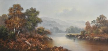 Artist unknown, 20th Century English School oil on canvas, landscape with trees and lake, signed