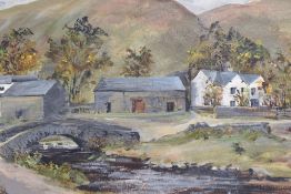 Fred McJannet (British 20th century) oil on canvas, depicting a lakeland scene with stone bridge and