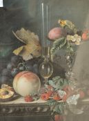 Artist unknown, colour print Dutch still life, showing various fruits, leaves, objects and an ornate