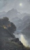 An early 20th century English school oil on board, mountainous lake land landscape with fishing boat