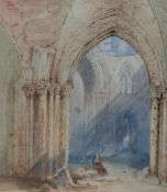 A 19th century English School watercolour, ruined church interior with seated figure, signed