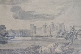 An interesting 19th century pencil study 'Carnarvon Castle' a detailed drawing with masted ships,