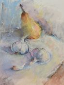 Vesela Sultanova 'VesA' (Contemporary) pastel on paper, still life garlic and pear, signed lower