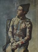 After Pablo Picasso (Spanish 1881-1973) colour print, 'Seated Harlequin 1923', signed and dated in