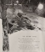 Artist unknown, monochrome print of WWII solider on motorcycle, along with poem 'The Muddy Road',