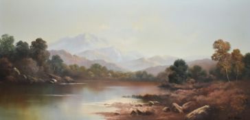 Artist unknown, 20th Century English School oil on canvas, landscape with trees, lake and mountains,