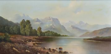 Artist unknown, 20th Century English School oil on canvas, landscape with trees, lake and mountains,