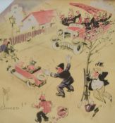 Artist unknown, early 20th century, set of five vintage Exide battery advertisements, all within off