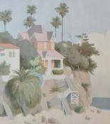 After William Buffett (American b.1935) two coloured prints, tropical coastal scenes with buildings,