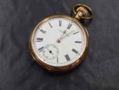 A gold plated top wound pocket watch by Waltham, movement no: 11465224, having a Roman numeral