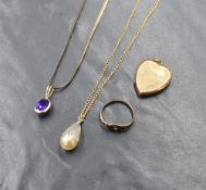 A small selection of yellow metal including two 9ct gold chains and rolled gold locket etc