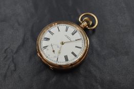 A gold plated top wound pocket watch by Waltham, movement no: 15768073 having a |roman numeral
