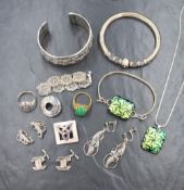 A selection of white metal and silver jewellery including filligree bracelet, artisan HM silver
