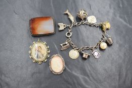 A white metal charm bracelet, stamped sterling having eleven charms of various forms, an agate