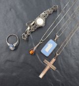 A small selection of silver jewellery including a cross pendant, Wedgwood pendant and matching ring,