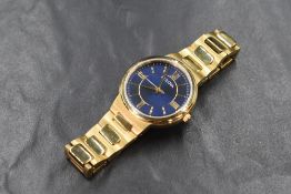 A gent's gold plated Bulova quartz wrist watch, model 97L165, having a Roman numeral dial to blue