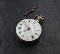 A George V silver open face key wound pocket watch, the white dial having Roman numerals with