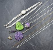 A small selection of silver and white metal jewellery including an Excaliber silver wrist watch with
